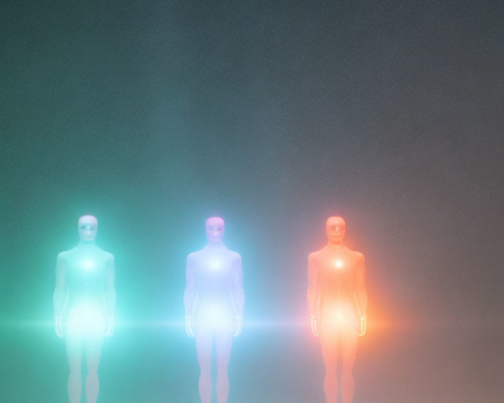 Ethereal human-like figures glowing in misty environment