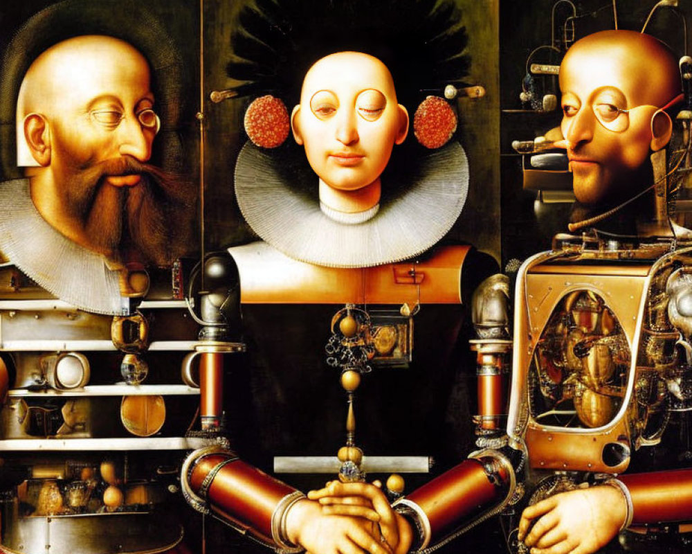 Surrealist painting featuring three merged, bizarre figures: loose shirt, sun-like face, armored body
