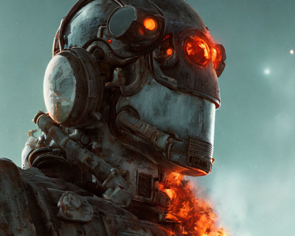 Large Robot with Glowing Red Eyes Emitting Fire and Smoke against Cloudy Sky