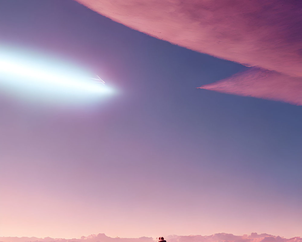 Alien landscape with pink sky, distant figure, and comet overhead