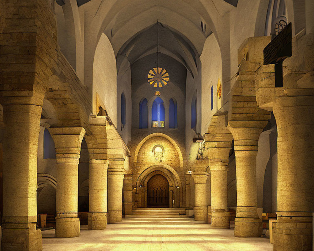 Romanesque Church Interior with Arched Columns and Rose Window