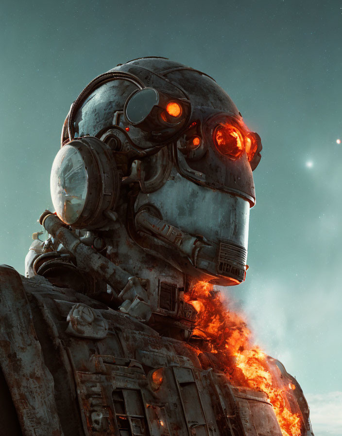Large Robot with Glowing Red Eyes Emitting Fire and Smoke against Cloudy Sky