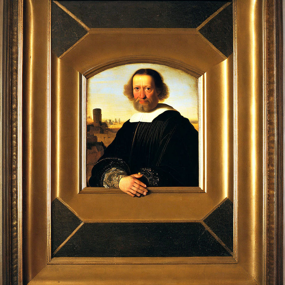 Man in Black Robe with White Ruff Resting Hand in Stone Window Portrait