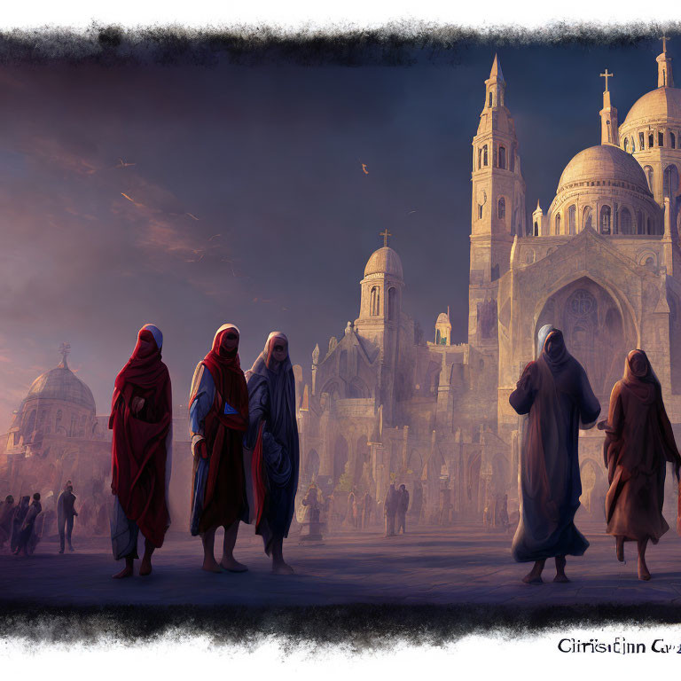 Robed Figures Walking to Medieval Cathedrals in Ethereal Setting