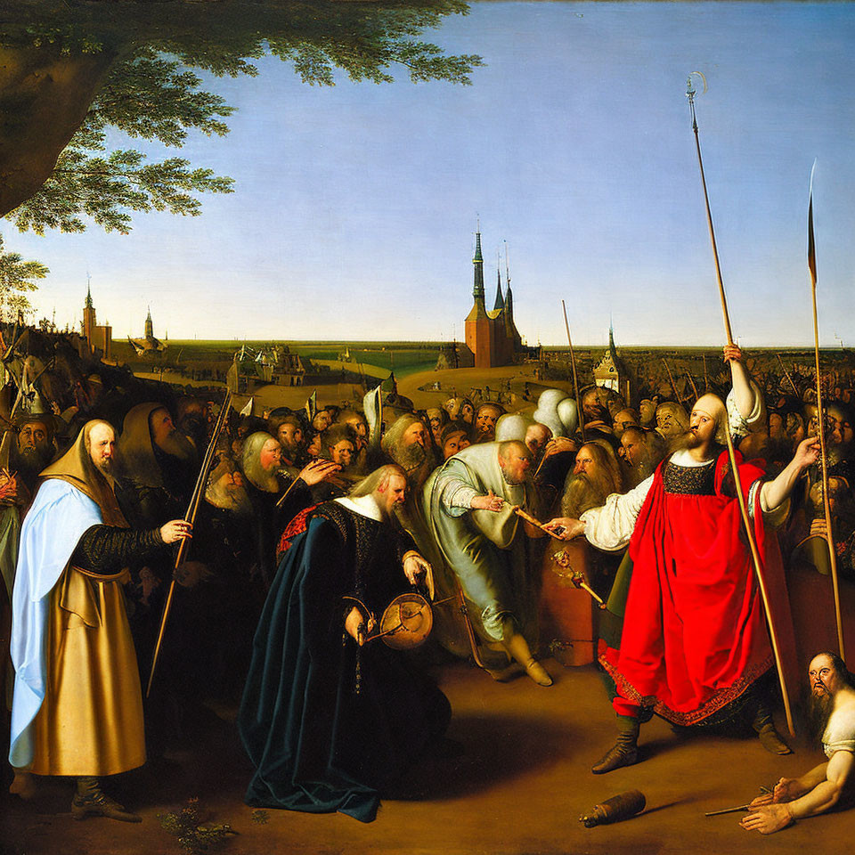 Large Renaissance painting of people in historical attire with spears around central figure.