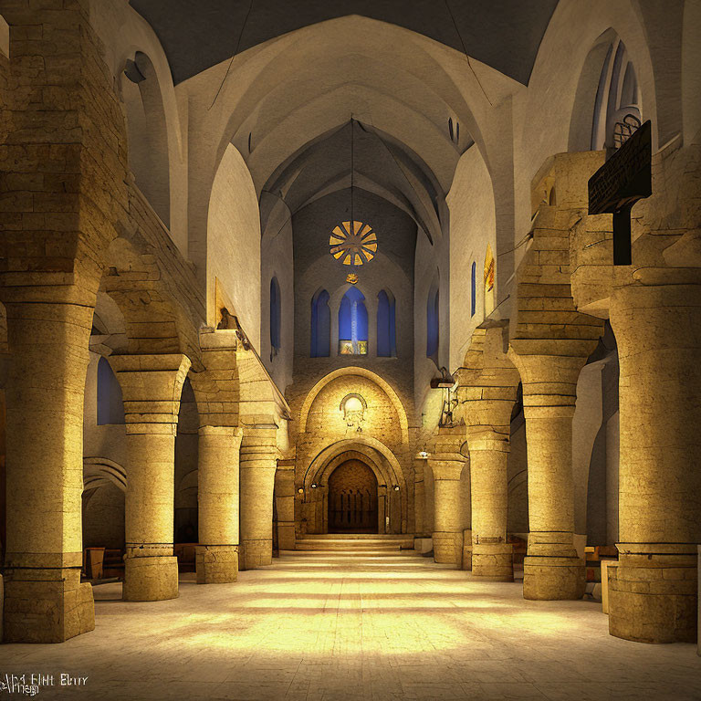 Romanesque Church Interior with Arched Columns and Rose Window