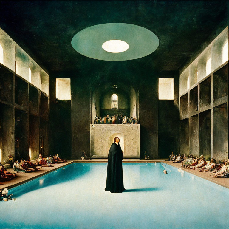 Figure in cloak by indoor pool with relaxed onlookers under circular skylight