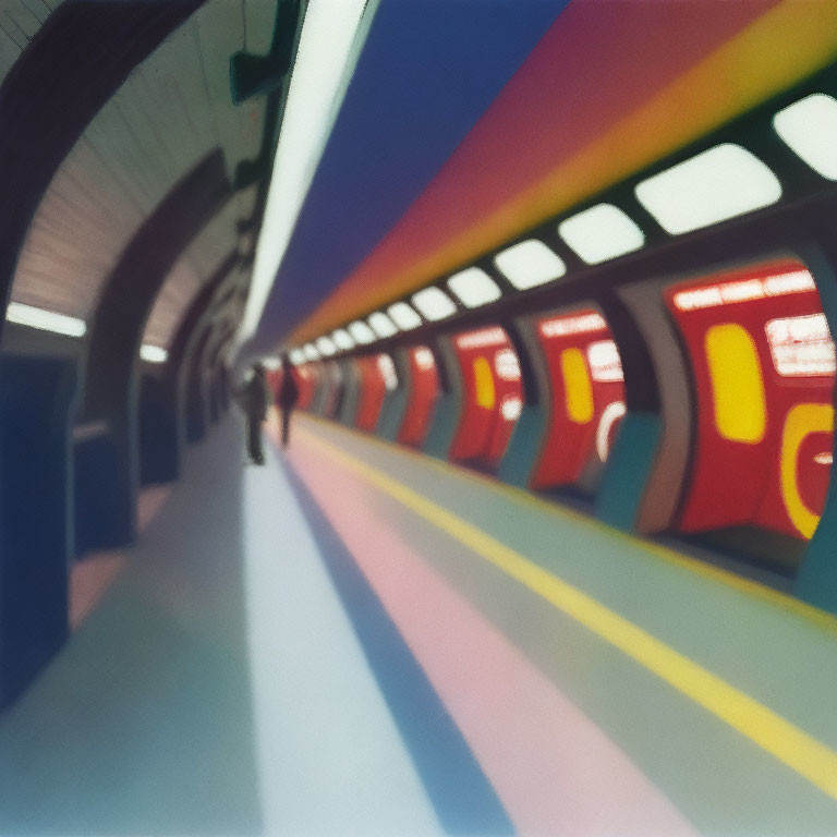 Blurred subway station image with train and solitary figure