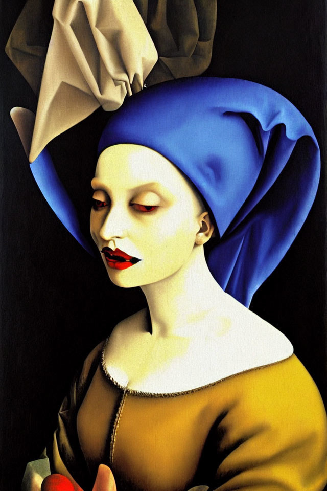 Stylized modern artwork of a woman in blue headscarf with apple