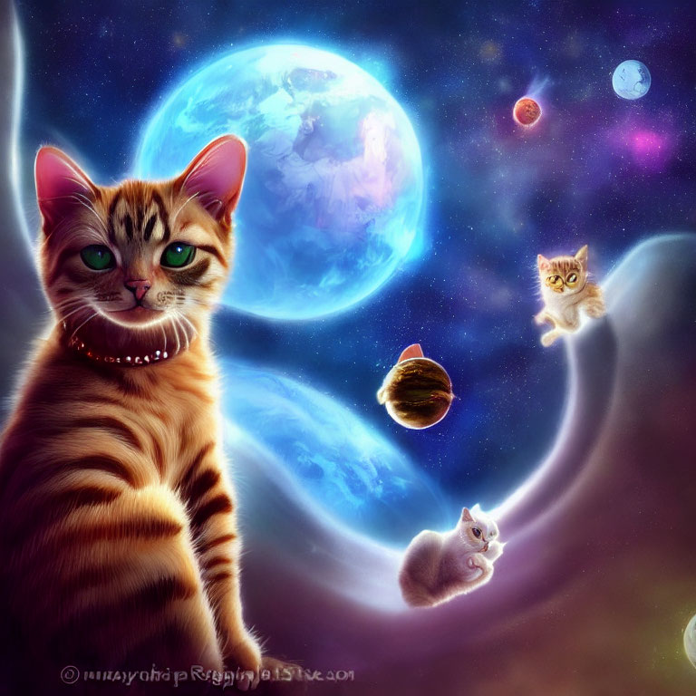 Colorful Cats in Space with Planet and Celestial Bodies