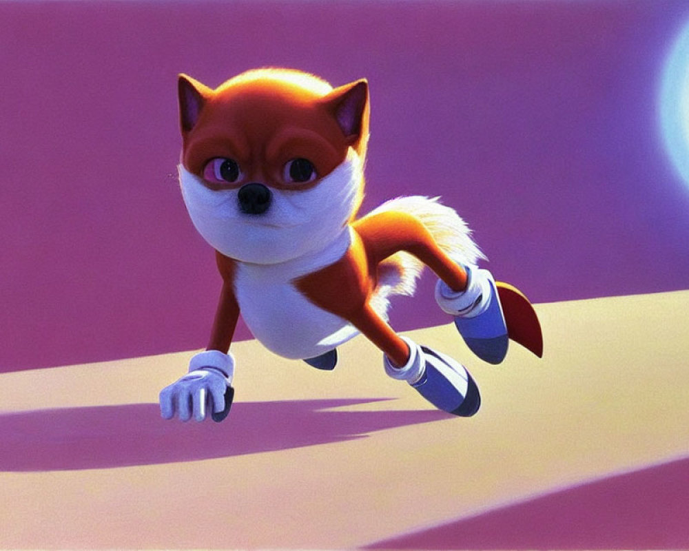 Animated fox superhero in white mask and gloves flying over purple and pink surface