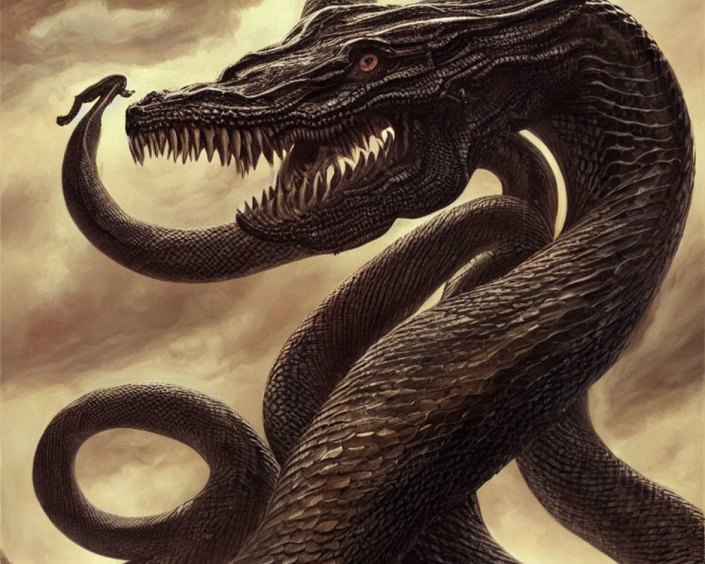 Menacing serpent with coils, fangs, and forked tongue in cloudy sky