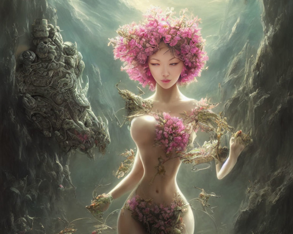 Fantasy figure adorned with pink blossoms in misty setting