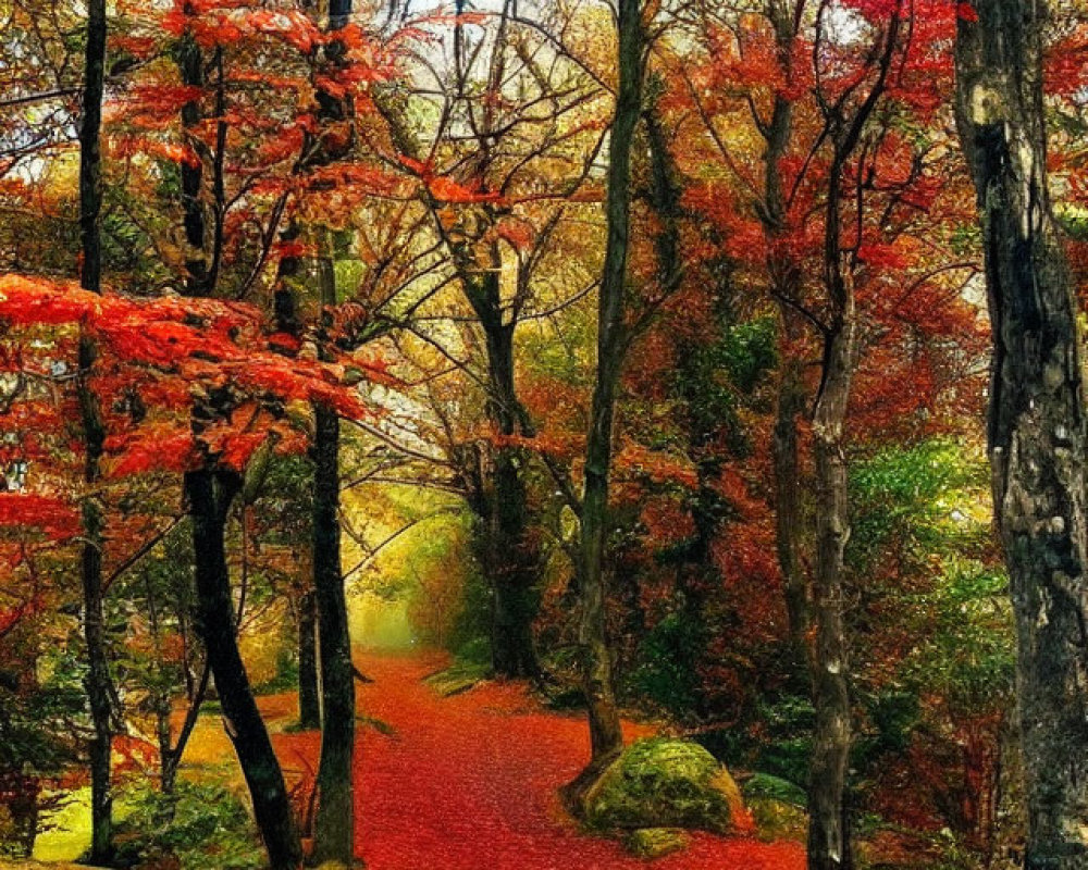 Autumn Forest Path with Vibrant Trees and Red Leaves