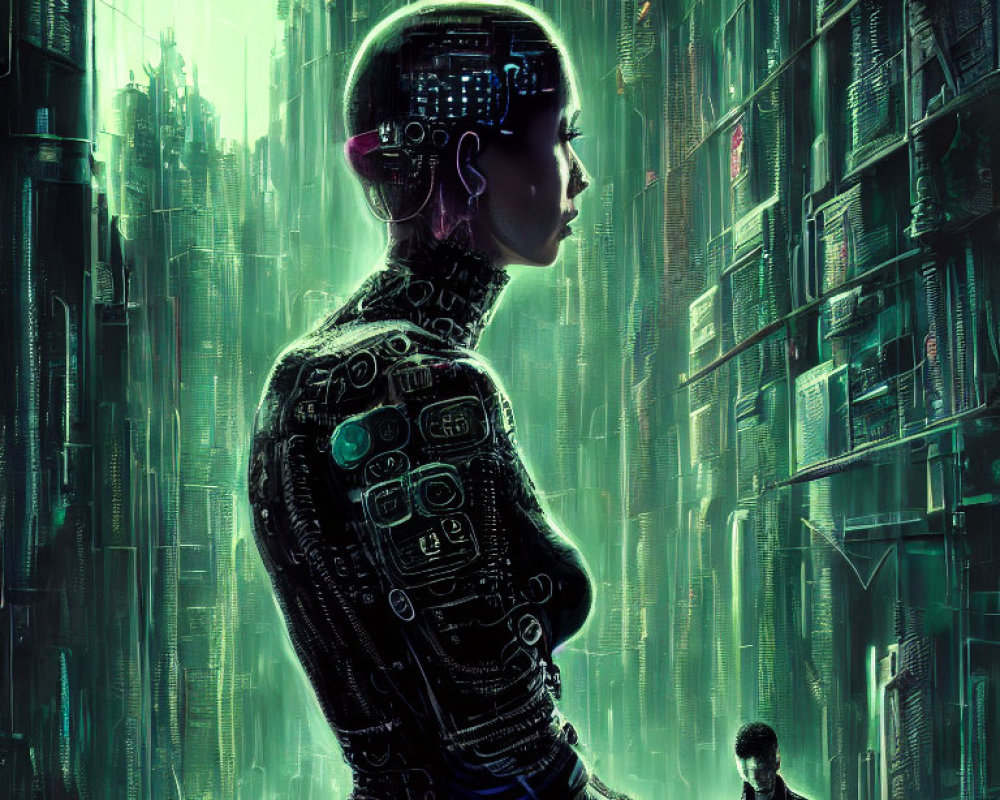 Intricate cybernetic humanoid in neon-lit futuristic cityscape