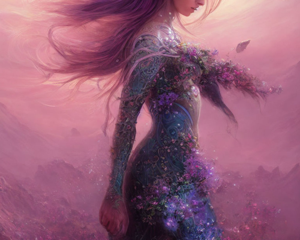 Purple-haired figure in pink landscape with floral designs
