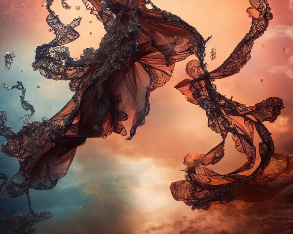 Ethereal figure entwined with smoky tendrils in dramatic sunset sky