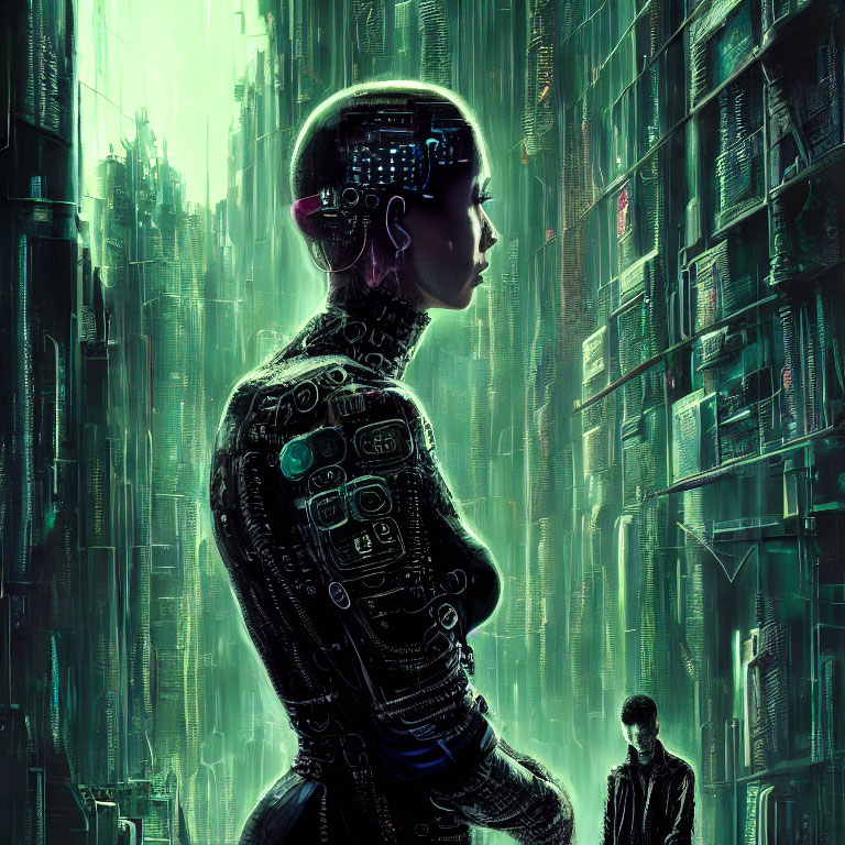 Intricate cybernetic humanoid in neon-lit futuristic cityscape