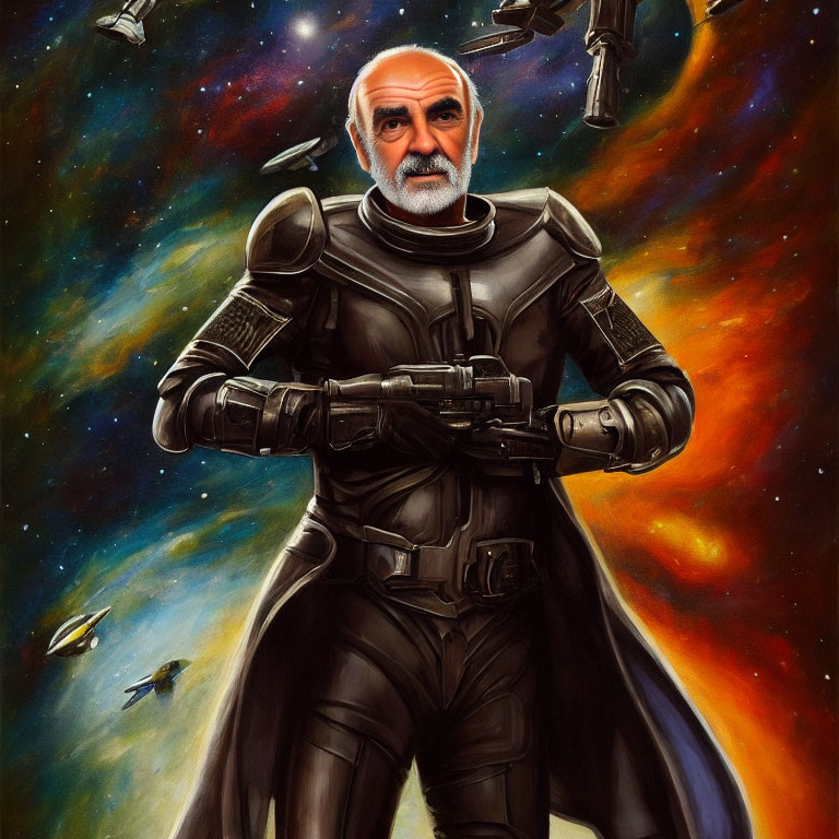 Elderly Space Adventurer in Black Suit Amid Colorful Nebula