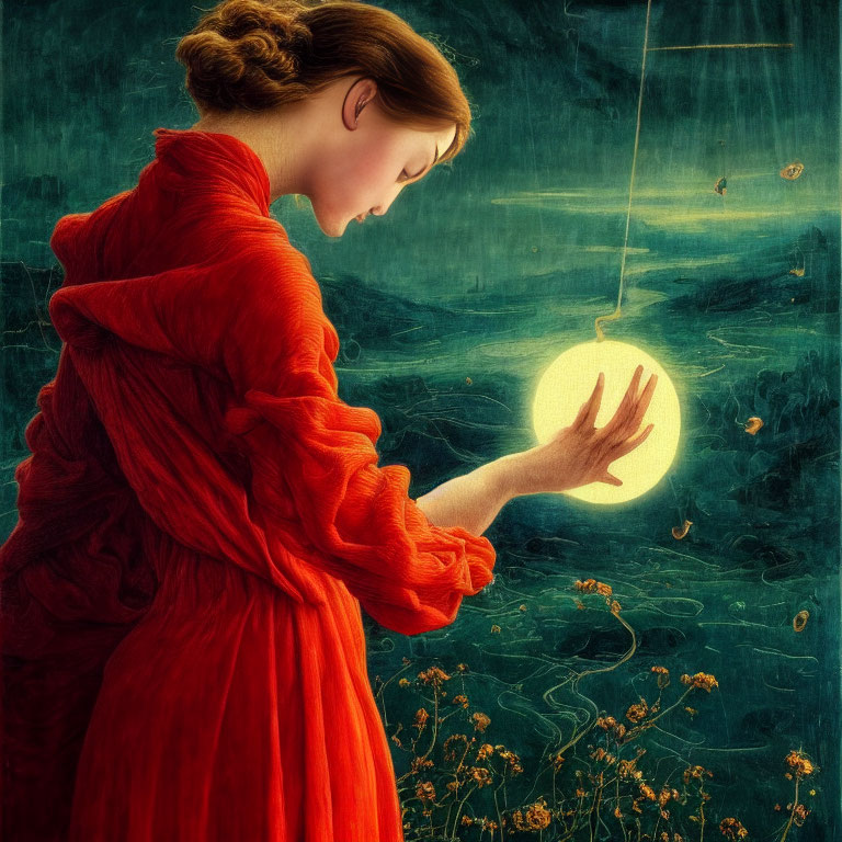 Woman in Red Cloak with Glowing Orb in Mystical Forest