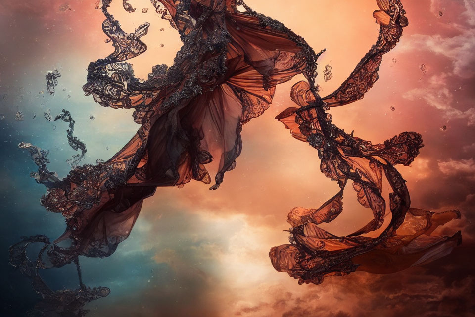 Ethereal figure entwined with smoky tendrils in dramatic sunset sky