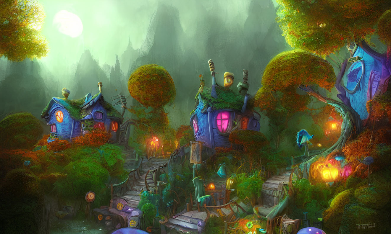 Whimsical forest village with glowing lanterns and mystical atmosphere