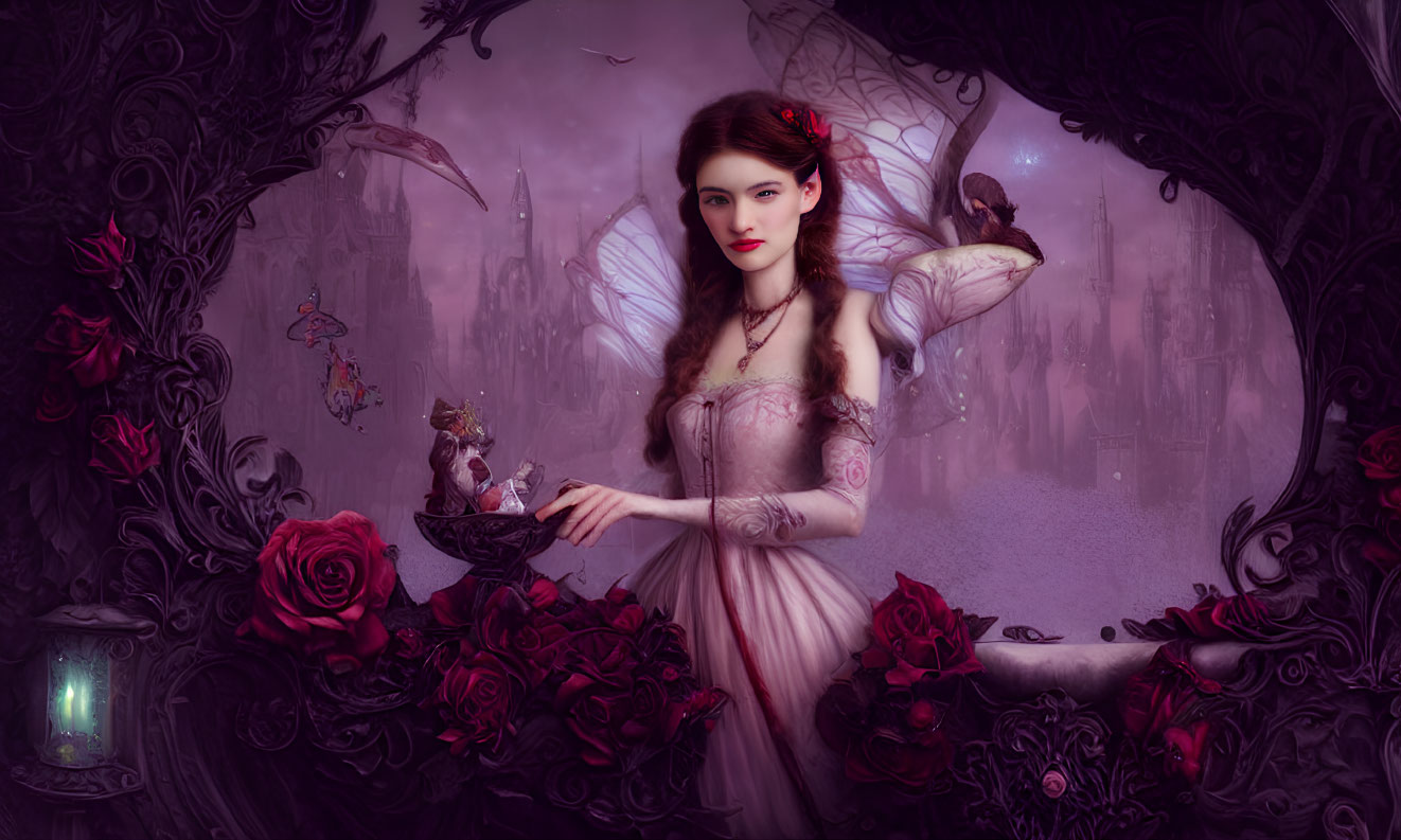 Fantasy image of woman with fairy wings, roses, dragon bowl, bird in enchanted forest