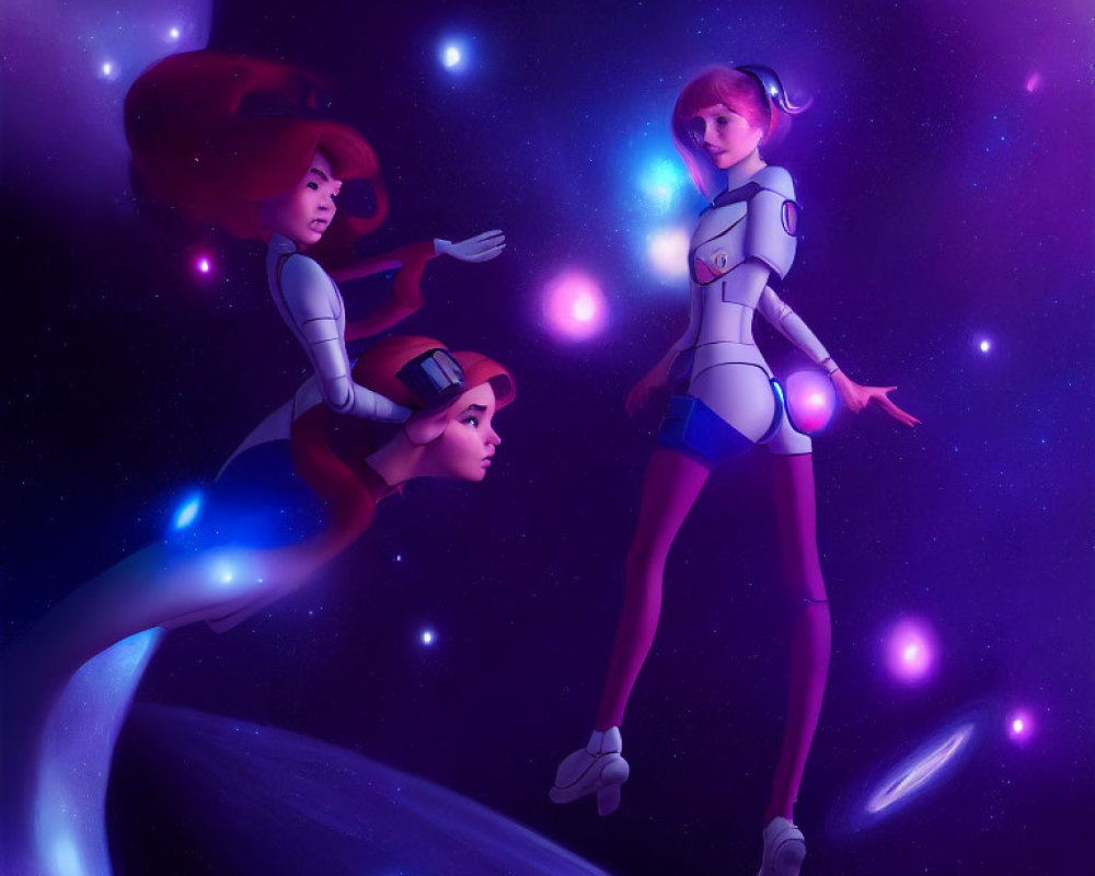 Stylized female astronauts in space with cosmic backdrop and stars.