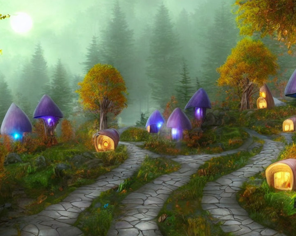 Mystical forest pathway with mushroom houses and vibrant foliage