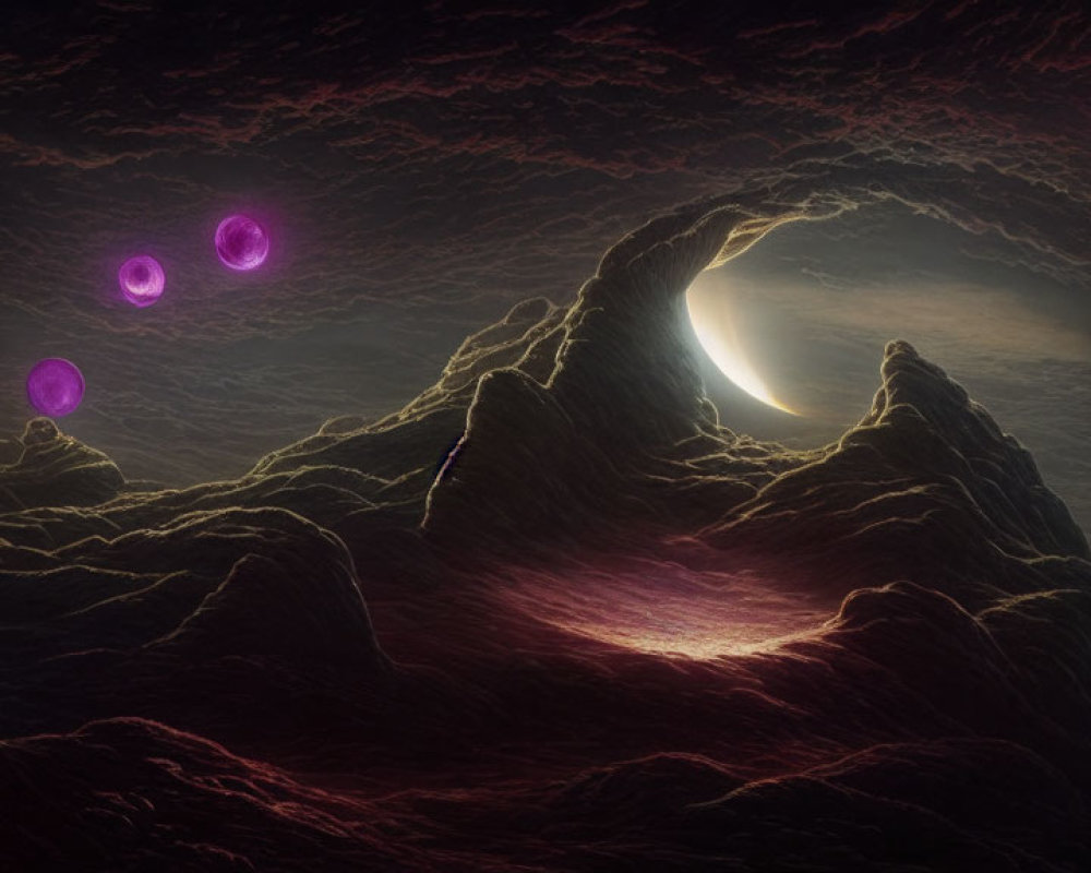 Fantasy landscape with glowing purple orbs, crescent moon, rugged terrain, and dark, starless