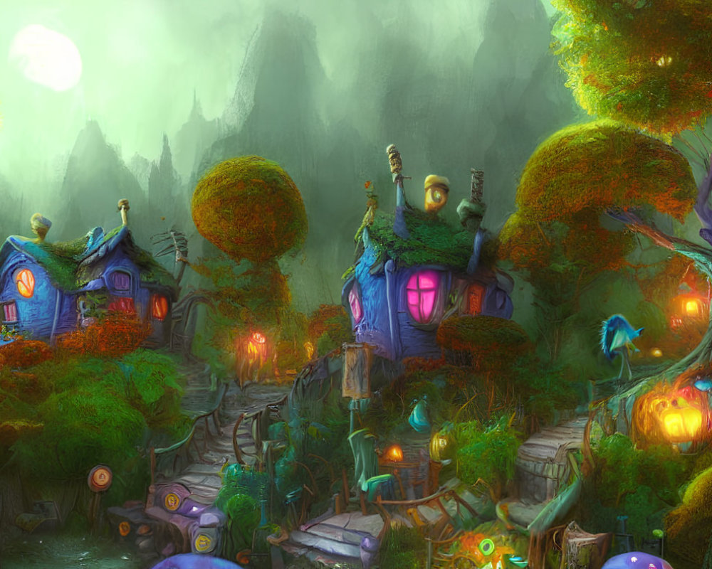 Whimsical forest village with glowing lanterns and mystical atmosphere