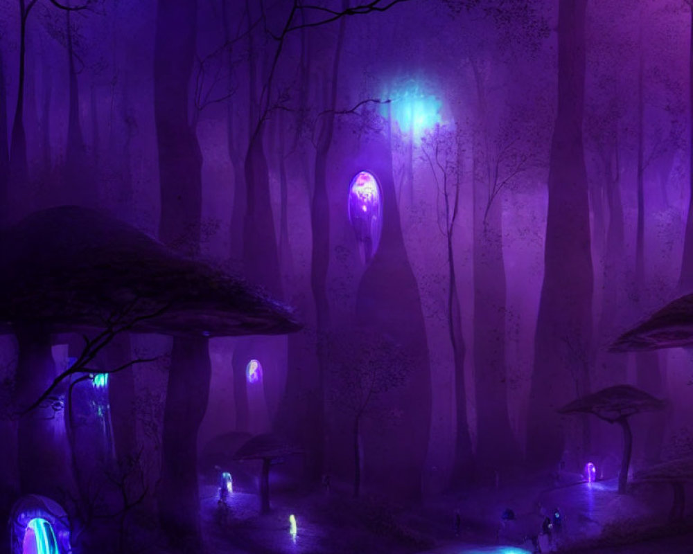 Enchanting forest scene with glowing mushrooms and purple haze.