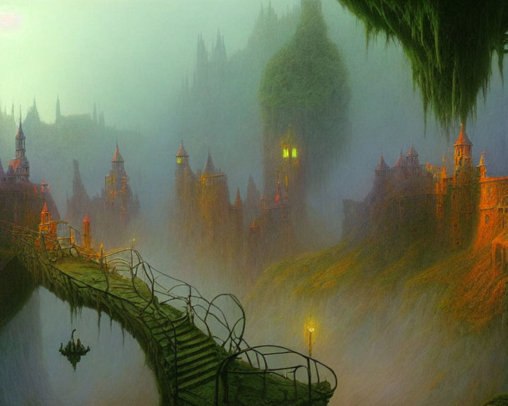 Mystical fantasy landscape with illuminated castles and bridge