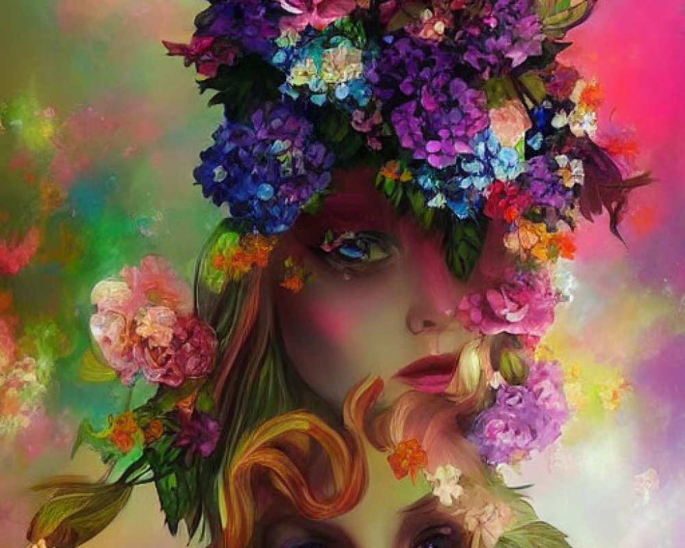 Colorful artwork featuring two women with floral crowns and feather accents surrounded by vibrant flowers.
