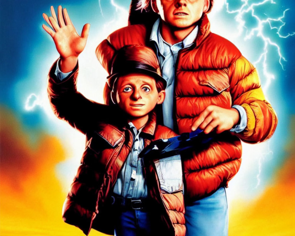 Elderly man and boy characters with surprised expressions in front of lightning bolt and futuristic car