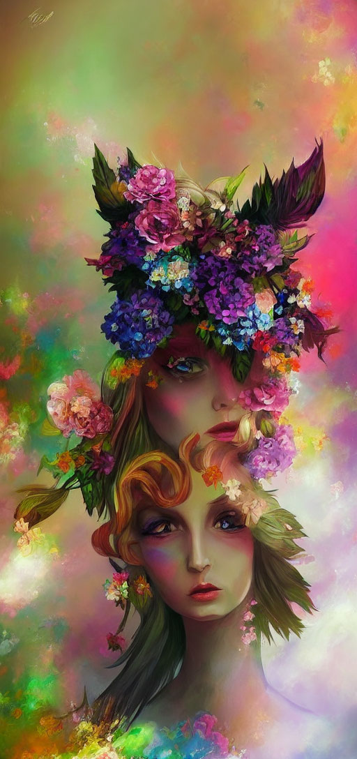 Colorful artwork featuring two women with floral crowns and feather accents surrounded by vibrant flowers.
