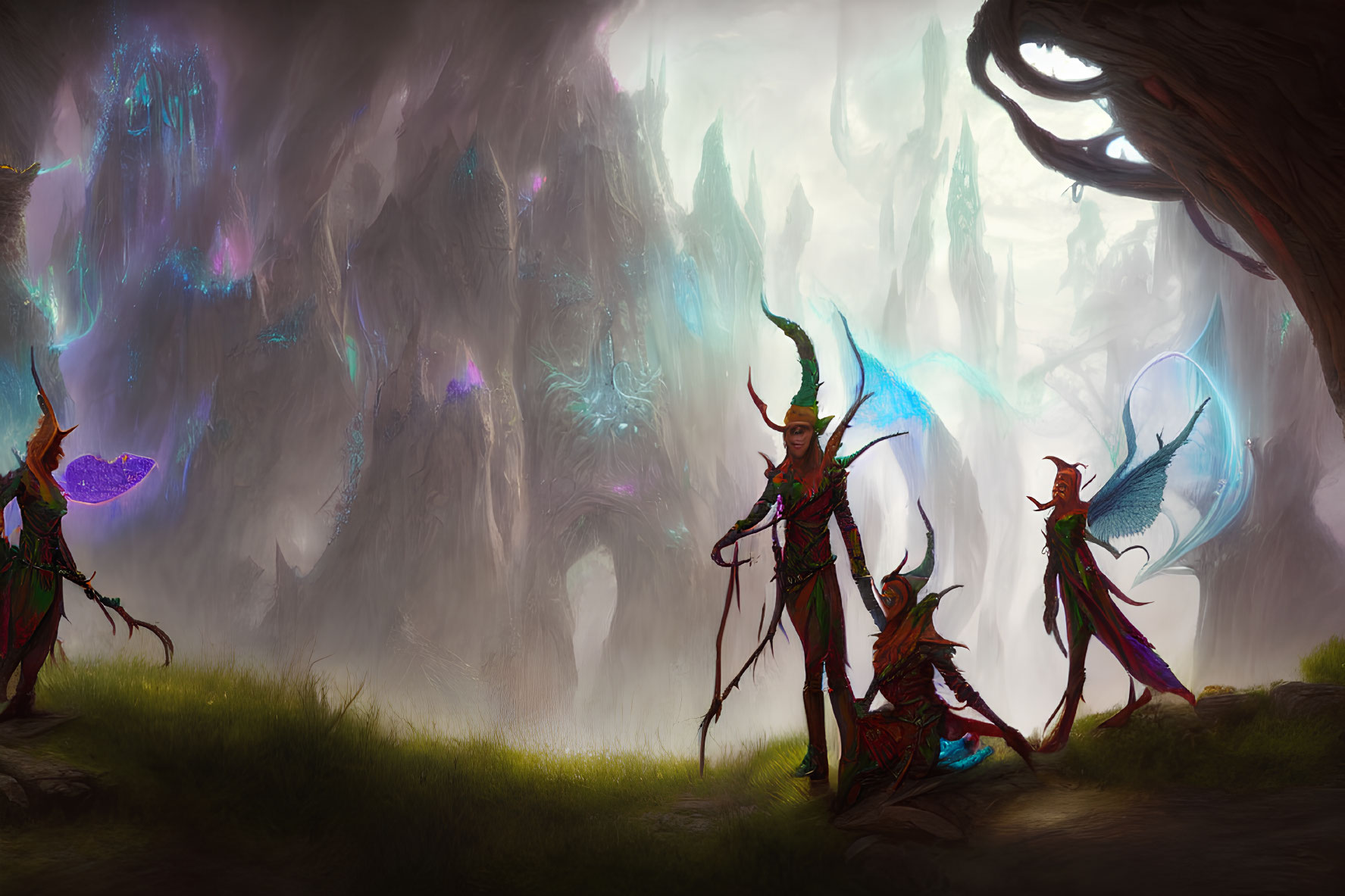 Ethereal butterflies and glowing elves in fantasy landscape