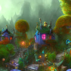 Mystical forest pathway with mushroom houses and vibrant foliage