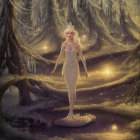 Animated character in silver gown and crown in winter forest with icicles