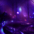 Enchanting forest scene with glowing mushrooms and purple haze.