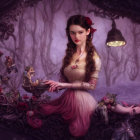 Fantasy image of woman with fairy wings, roses, dragon bowl, bird in enchanted forest