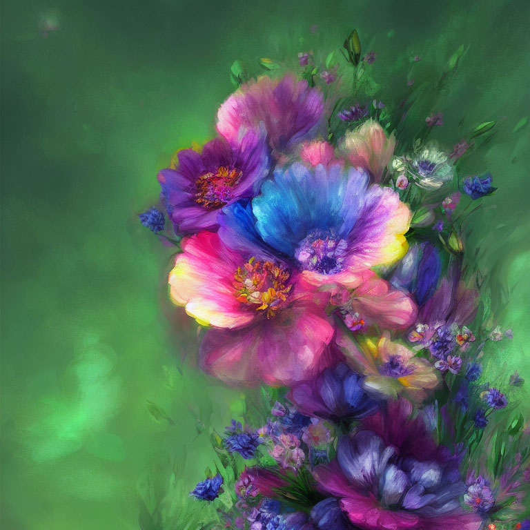 Colorful Illustrated Flower Bouquet on Blurred Green Background
