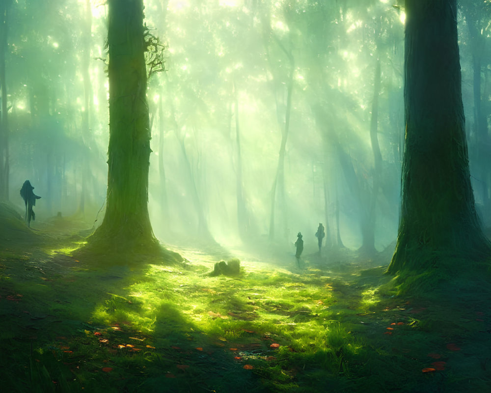 Misty forest with sunbeams and silhouette in lush greenery