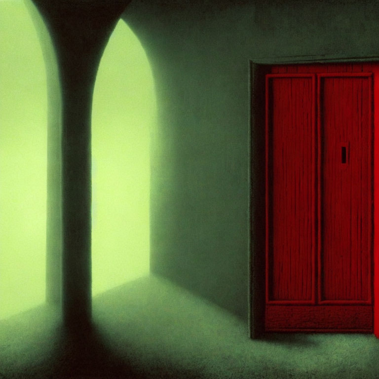 Eerie room with arched openings and vibrant red door in dim, greenish lighting