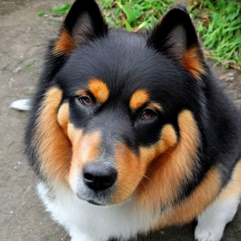 Tricolored fluffy dog with pointed ears and keen gaze in natural setting