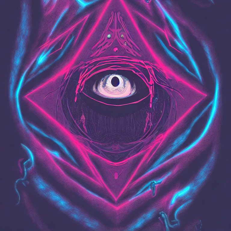 Mystical neon eye in triangle with abstract shapes on dark purple background