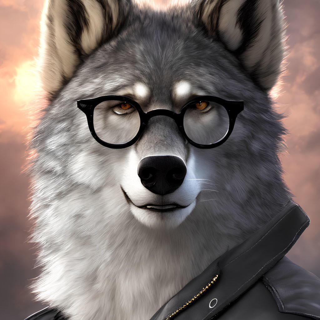 Stylized wolf with human-like features in glasses and leather jacket against sunset.
