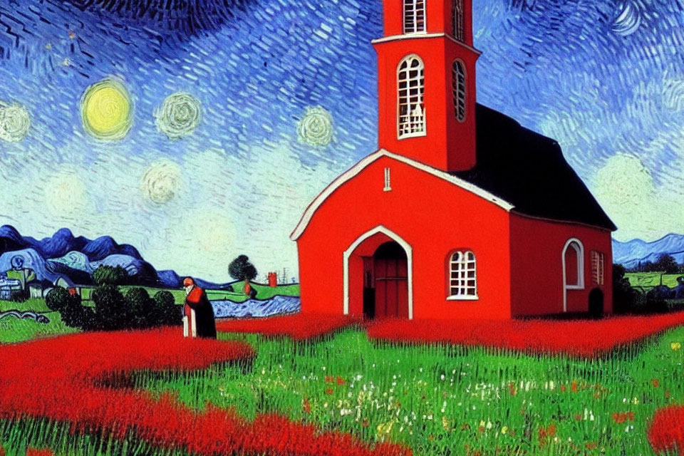 Red Church Painting with Starry Sky and Figure in Red Fields