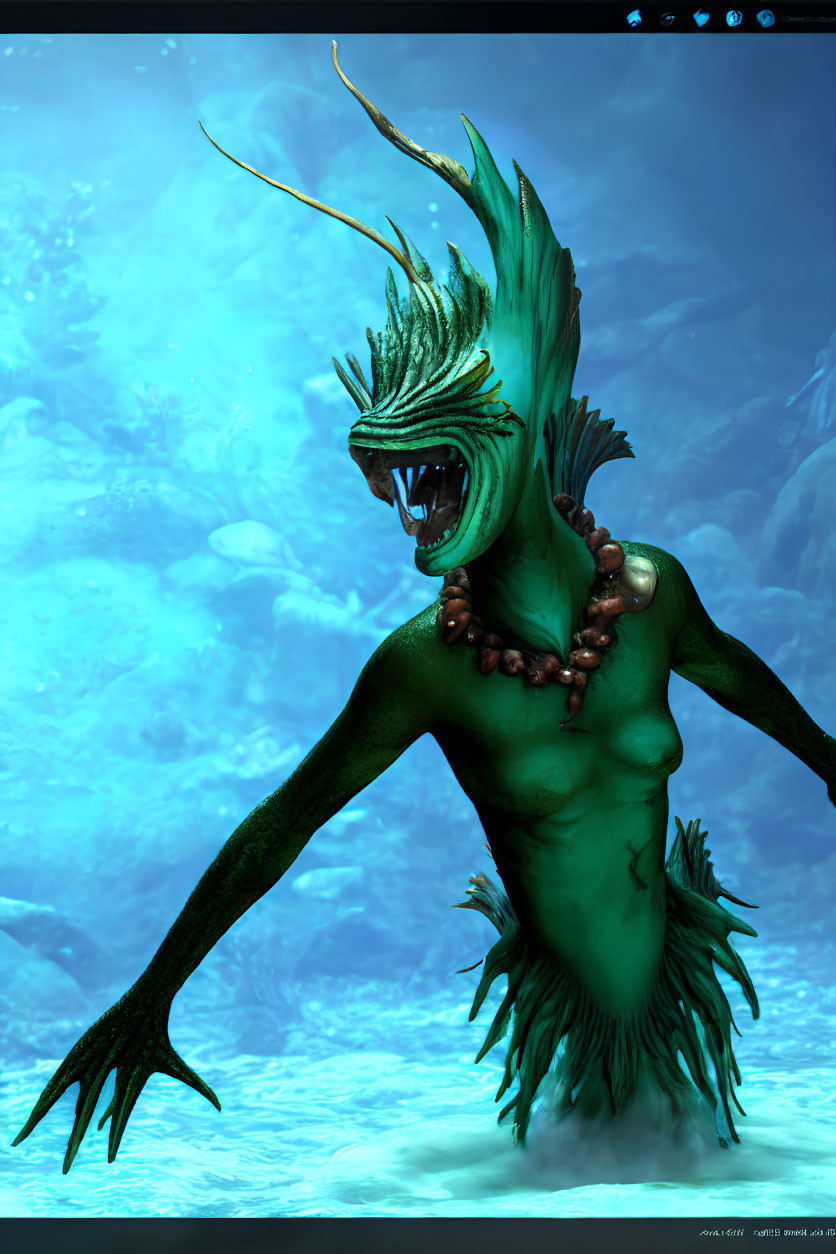 Green-skinned aquatic creature with sharp teeth and fin-like crest in underwater scene