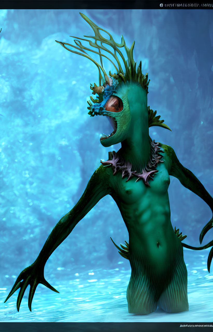 Green-skinned aquatic creature with fin-like protrusions and sharp claws in 3D render.